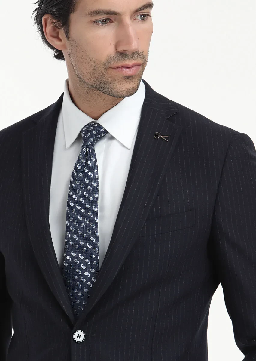Navy Blue Striped Thin&Taller Slim Fit 100% Wool Suit - 1