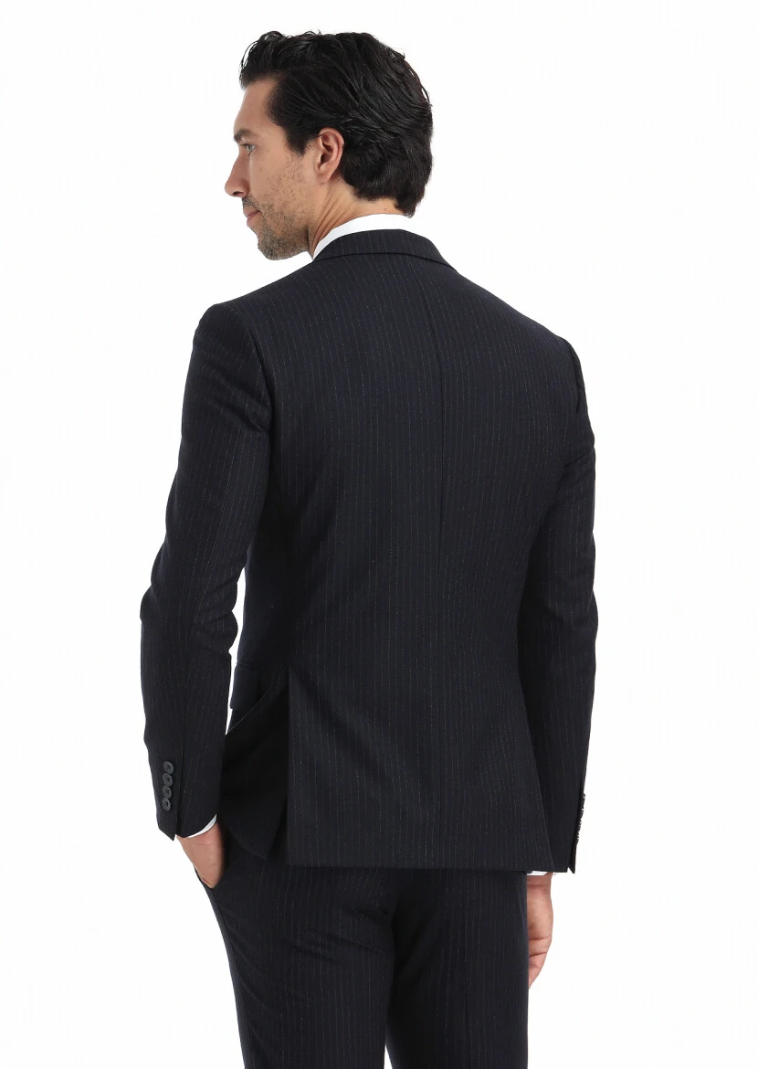 Navy Blue Striped Thin&Taller Slim Fit 100% Wool Suit - 5
