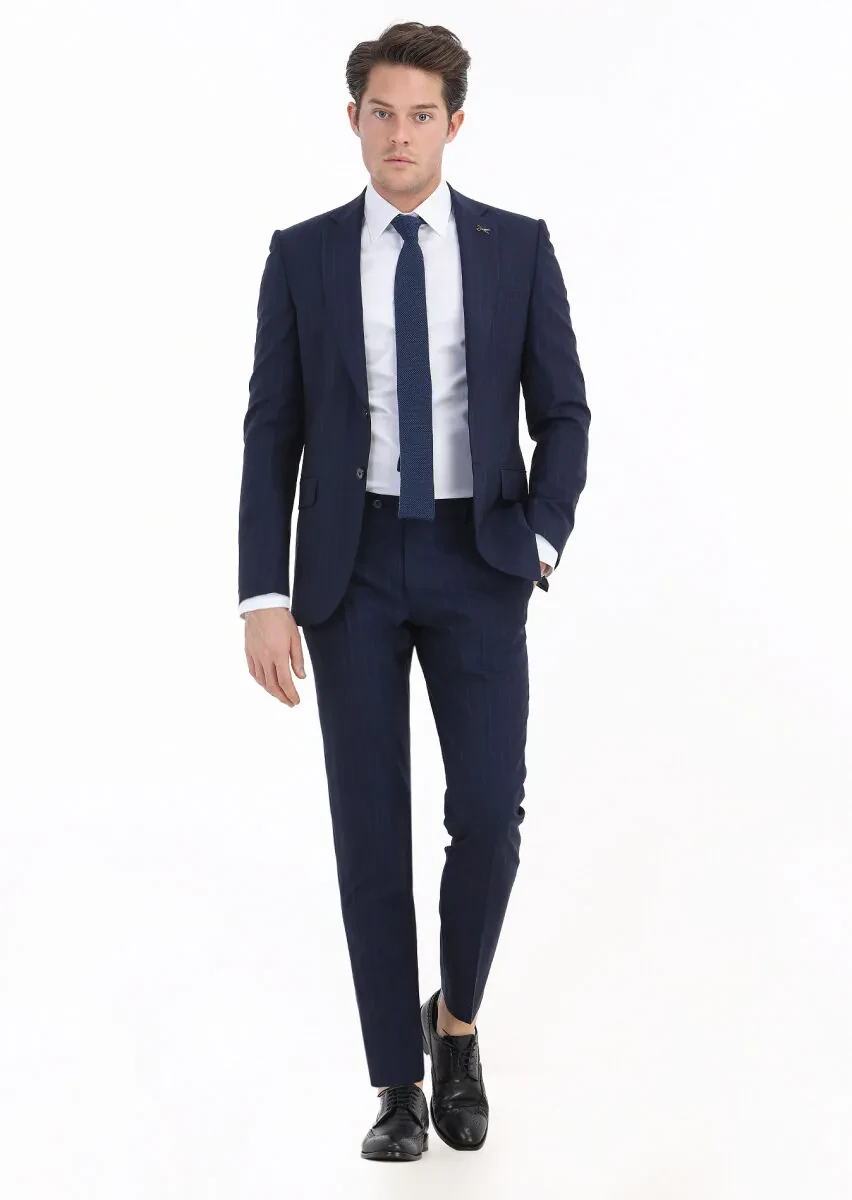 Navy Blue Striped Thin&Taller Slim Fit Wool Blended Suit - 1