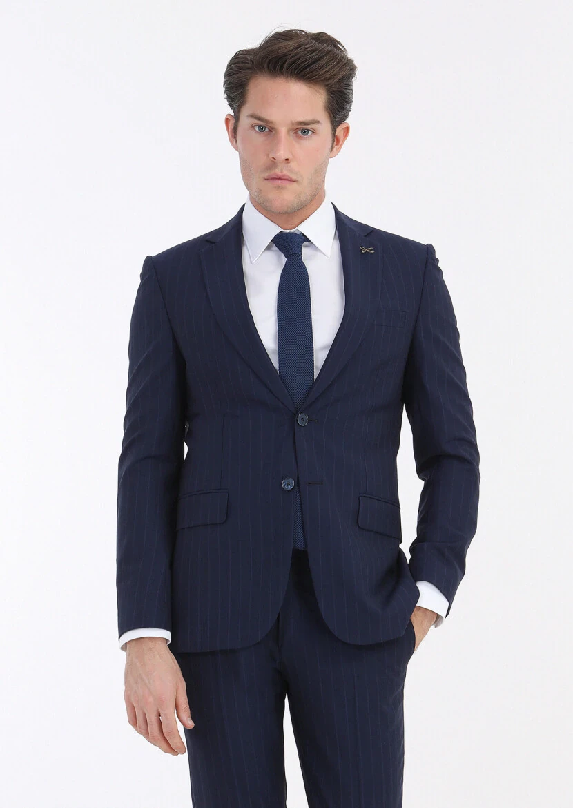 Navy Blue Striped Thin&Taller Slim Fit Wool Blended Suit - 2