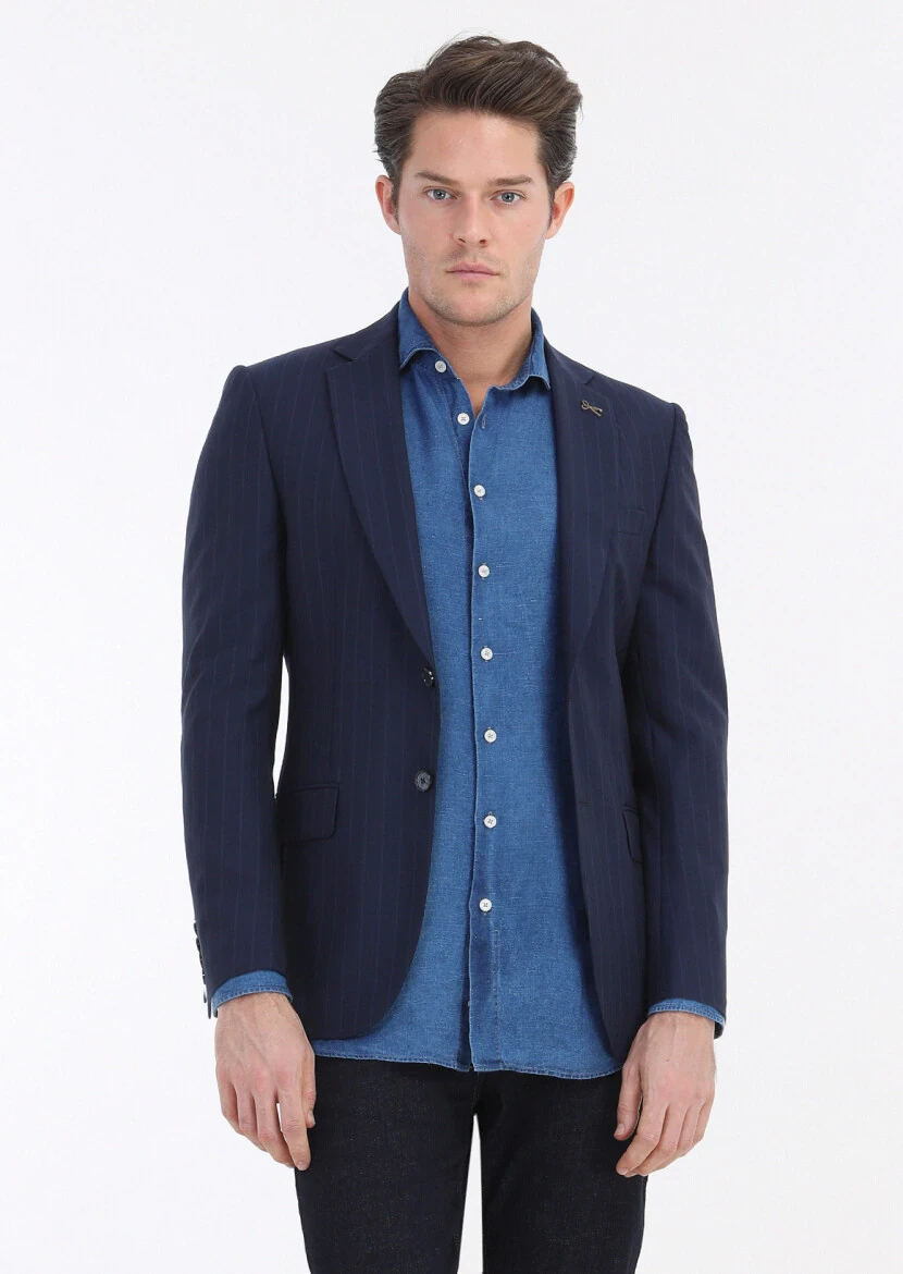 Navy Blue Striped Thin&Taller Slim Fit Wool Blended Suit - 3