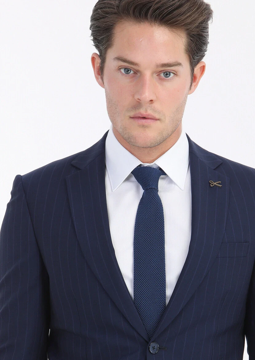 Navy Blue Striped Thin&Taller Slim Fit Wool Blended Suit - 4
