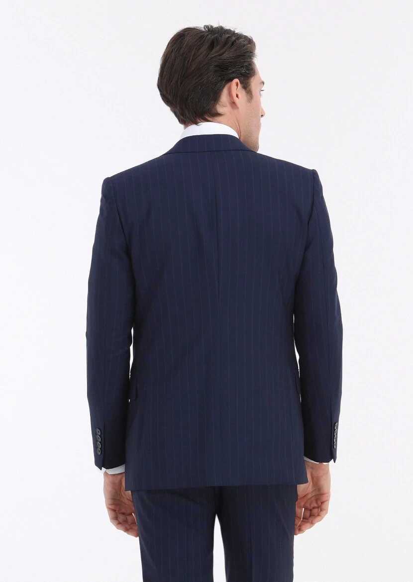 Navy Blue Striped Thin&Taller Slim Fit Wool Blended Suit - 5