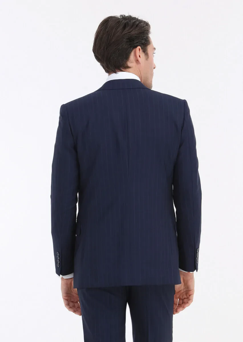 Navy Blue Striped Thin&Taller Slim Fit Wool Blended Suit - 5
