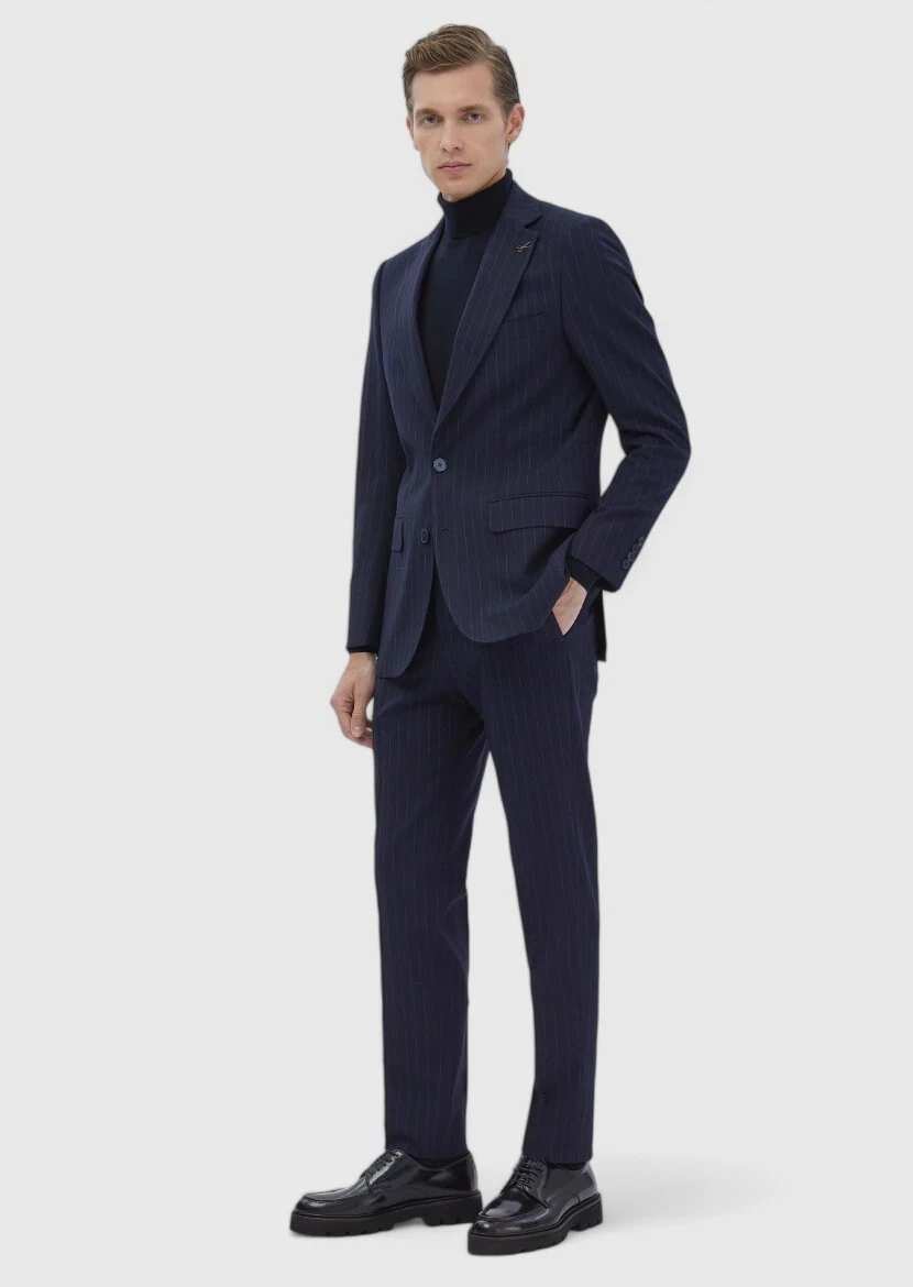 Navy Blue Striped Thin&Taller Slim Fit Wool Blended Suit - 2