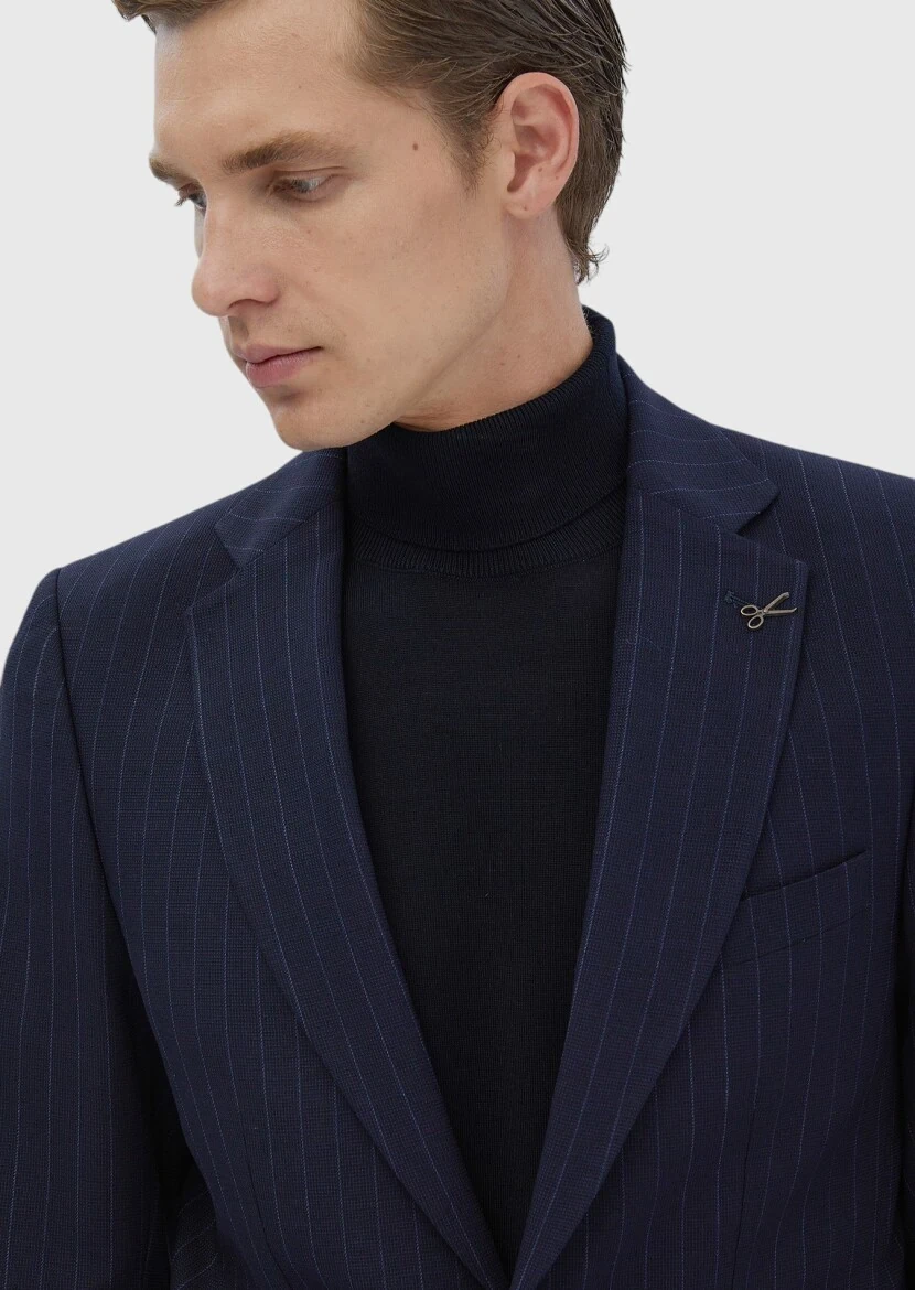 Navy Blue Striped Thin&Taller Slim Fit Wool Blended Suit - 4