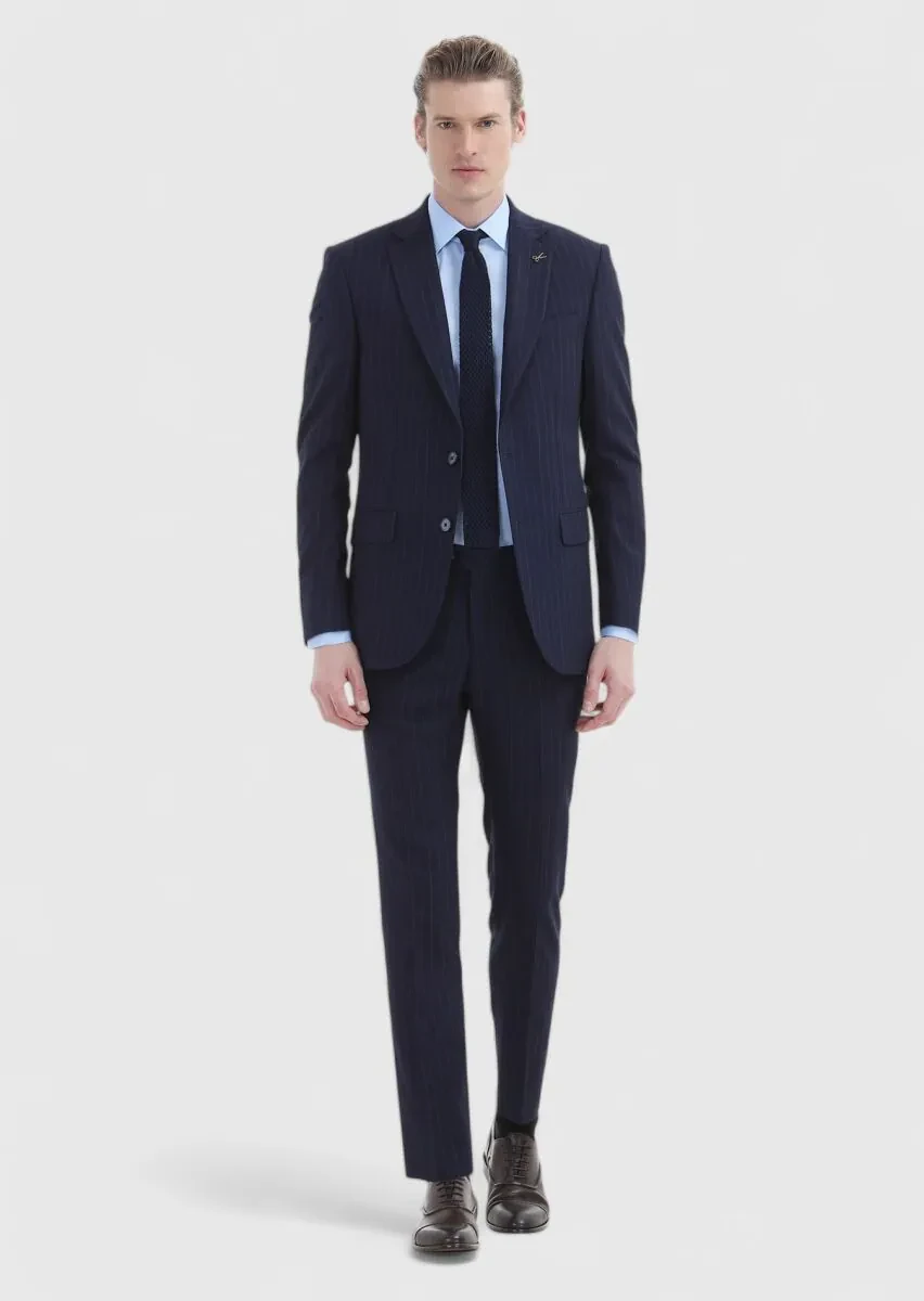 Navy Blue Striped Thin&Taller Slim Fit Wool Blended Suit - 1