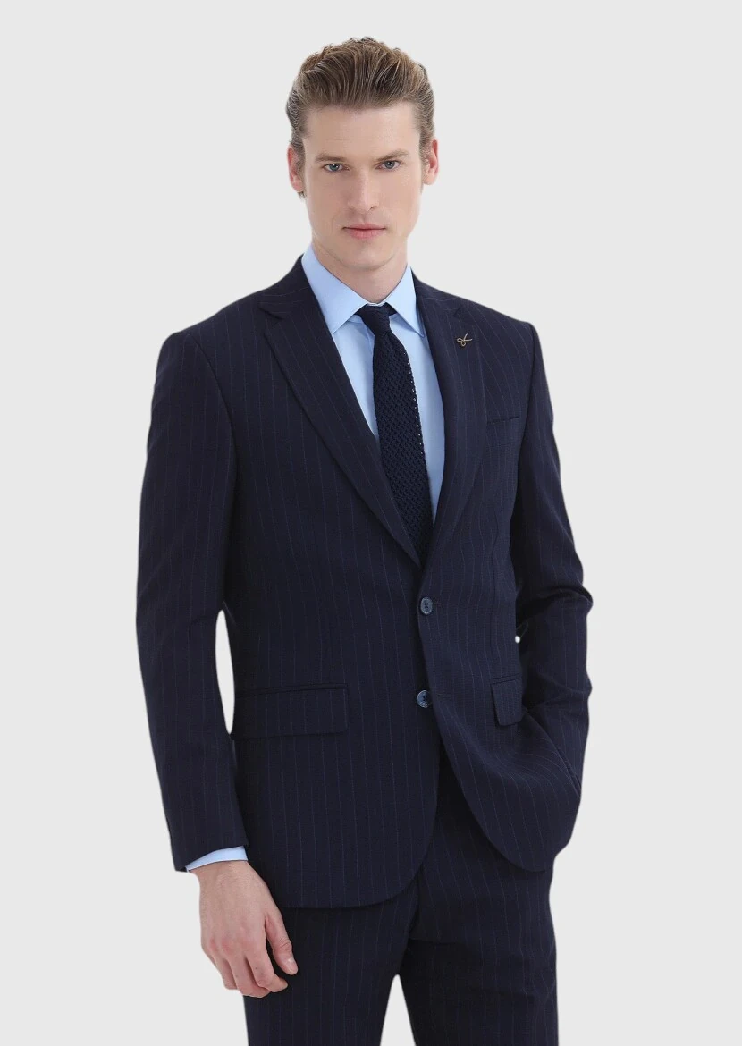 Navy Blue Striped Thin&Taller Slim Fit Wool Blended Suit - RAMSEY