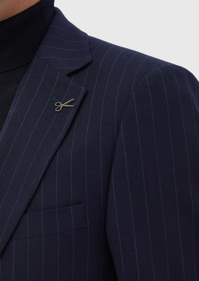 Navy Blue Striped Thin&Taller Slim Fit Wool Blended Suit - 5