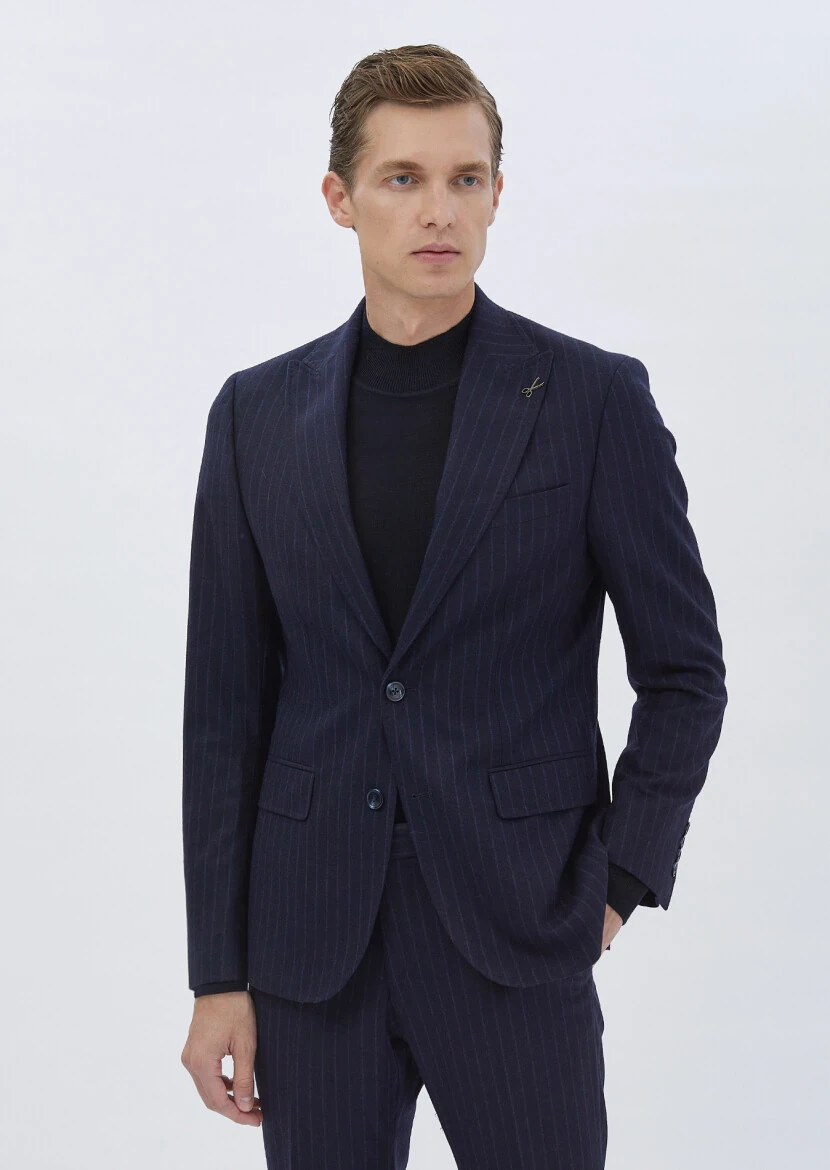 Navy Blue Striped Wool Blended Suit - RAMSEY