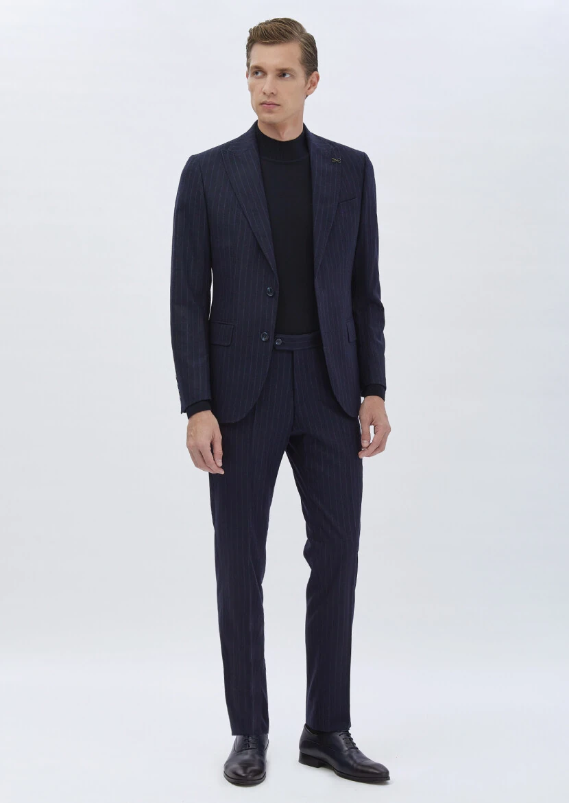 Navy Blue Striped Wool Blended Suit - RAMSEY