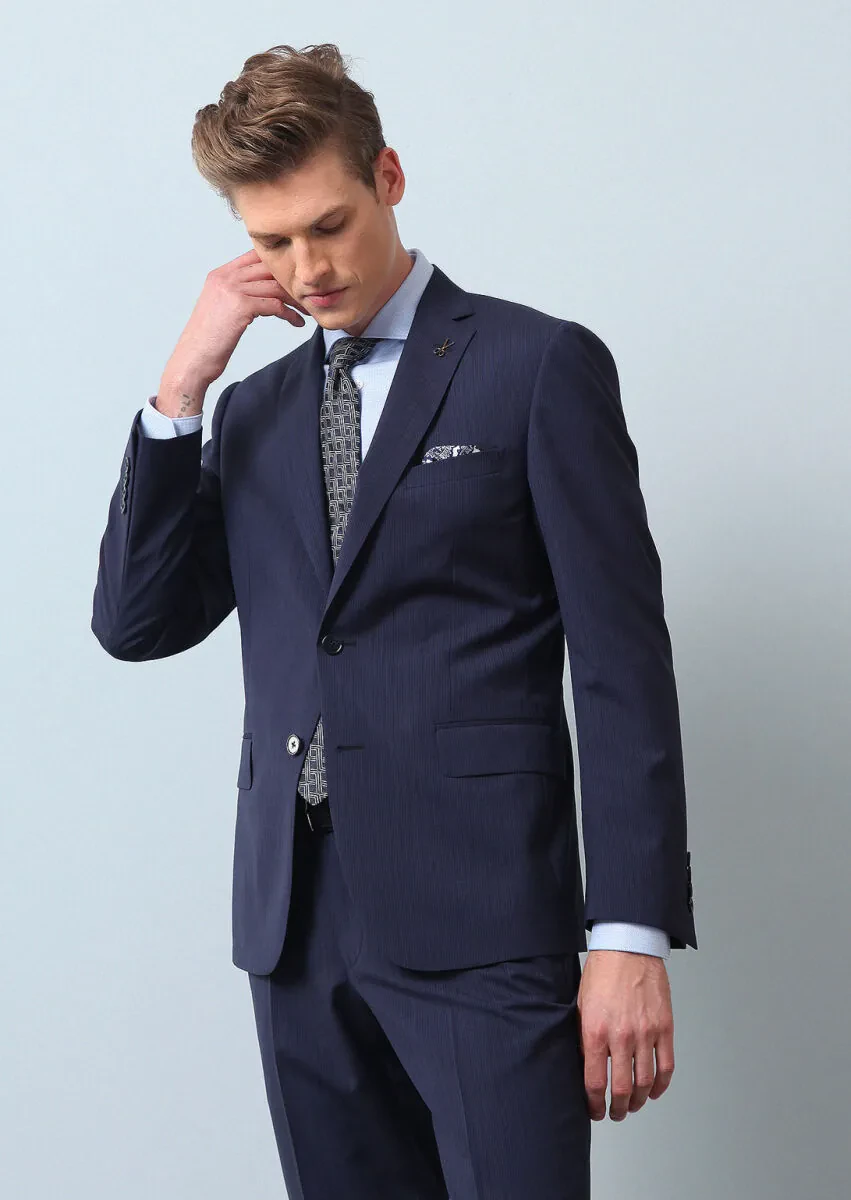 Navy Blue Striped Zeroweight Slim Fit 100% Wool Suit - 3
