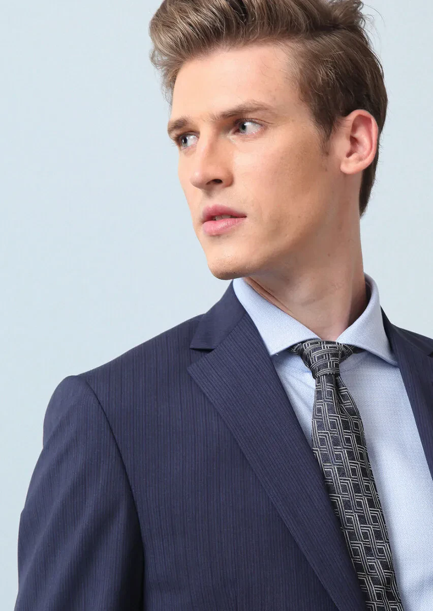 Navy Blue Striped Zeroweight Slim Fit 100% Wool Suit - 4