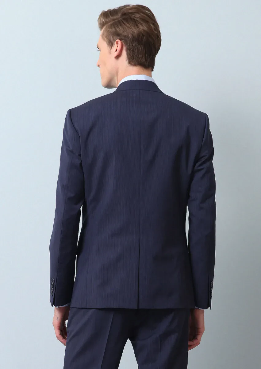 Navy Blue Striped Zeroweight Slim Fit 100% Wool Suit - 5
