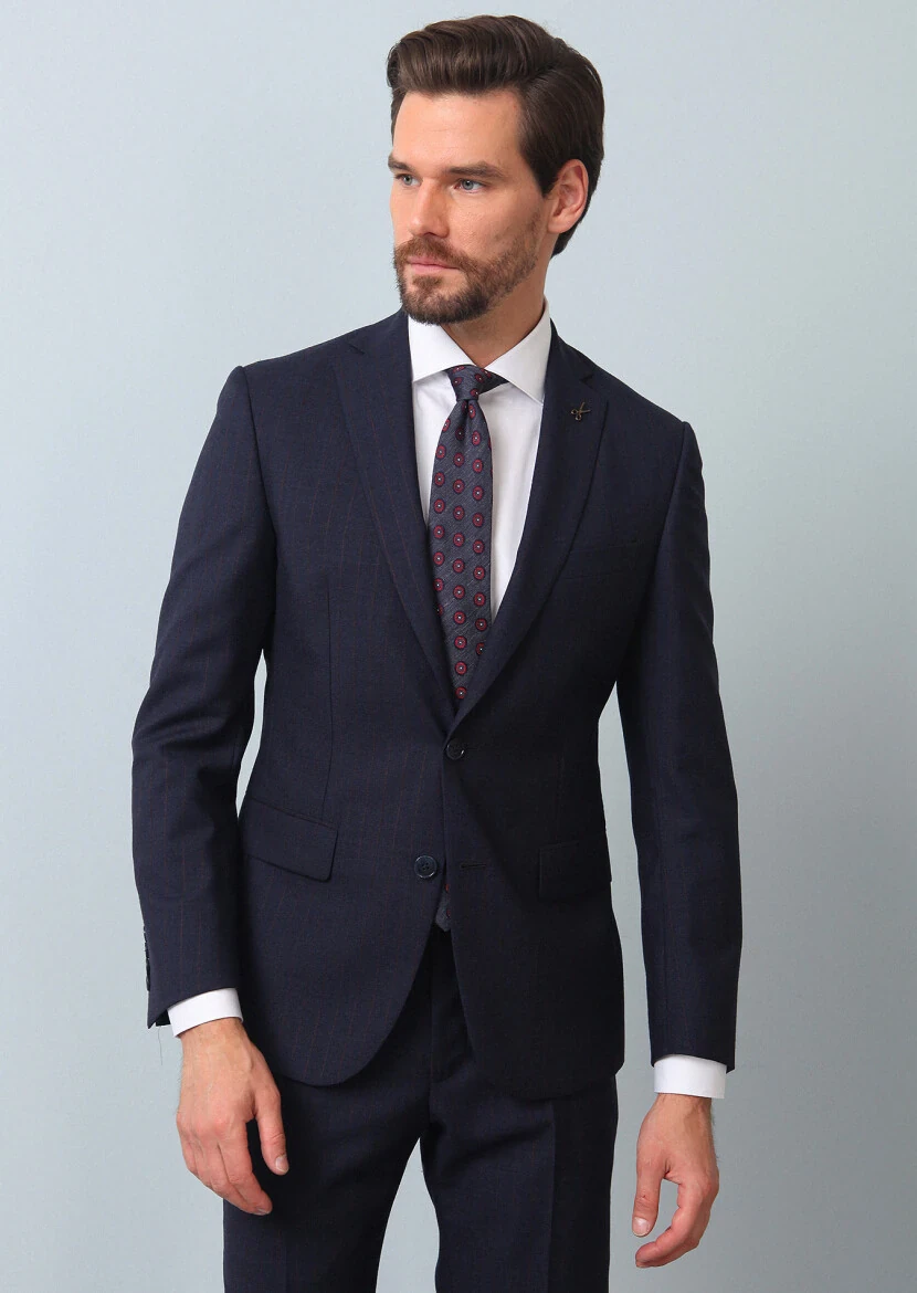 Navy Blue Striped Zeroweight Slim Fit 100% Wool Suit - 1
