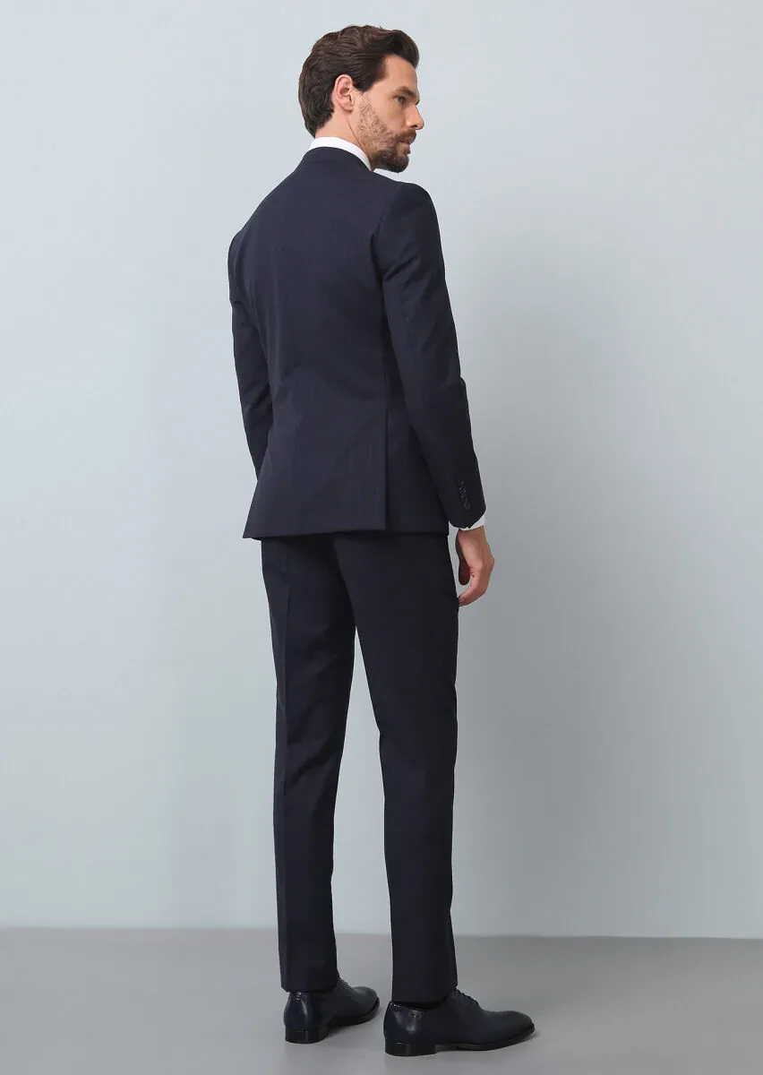 Navy Blue Striped Zeroweight Slim Fit 100% Wool Suit - 5