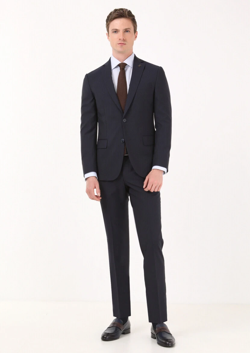 Navy Blue Striped Zeroweight Slim Fit 100% Wool Suit - 1