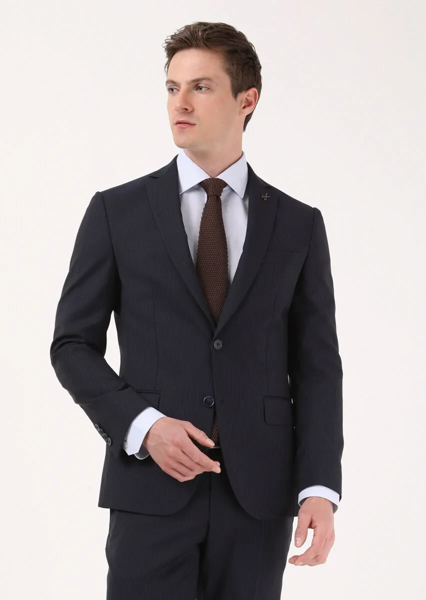Navy Blue Striped Zeroweight Slim Fit 100% Wool Suit - 2