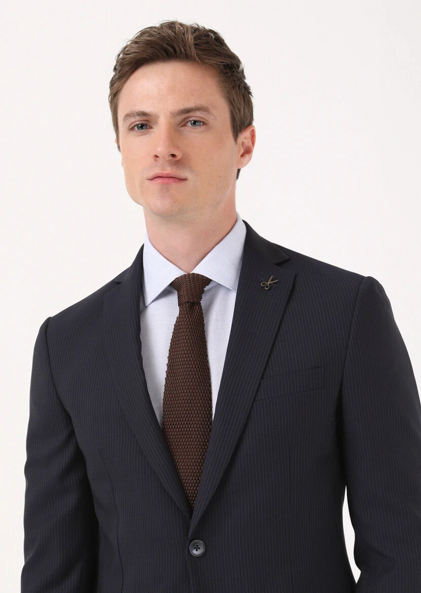 Navy Blue Striped Zeroweight Slim Fit 100% Wool Suit - 3