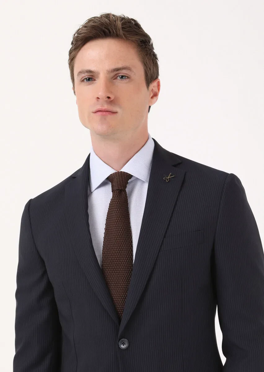 Navy Blue Striped Zeroweight Slim Fit 100% Wool Suit - 3