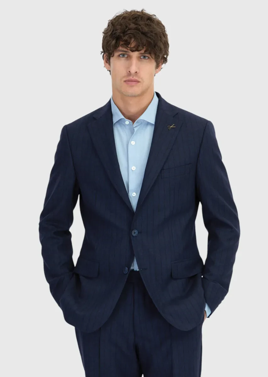 Navy Blue Striped Zeroweight Slim Fit 100% Wool Suit - 1