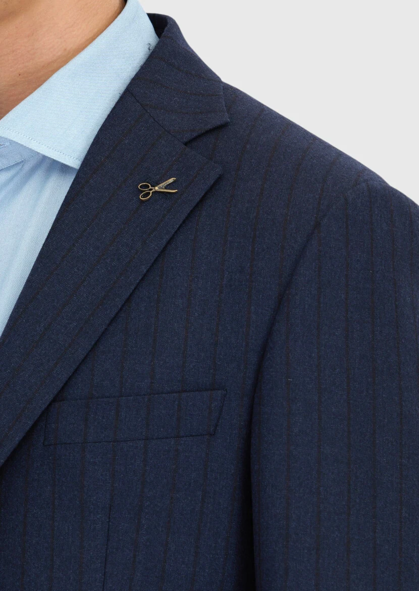 Navy Blue Striped Zeroweight Slim Fit 100% Wool Suit - 5