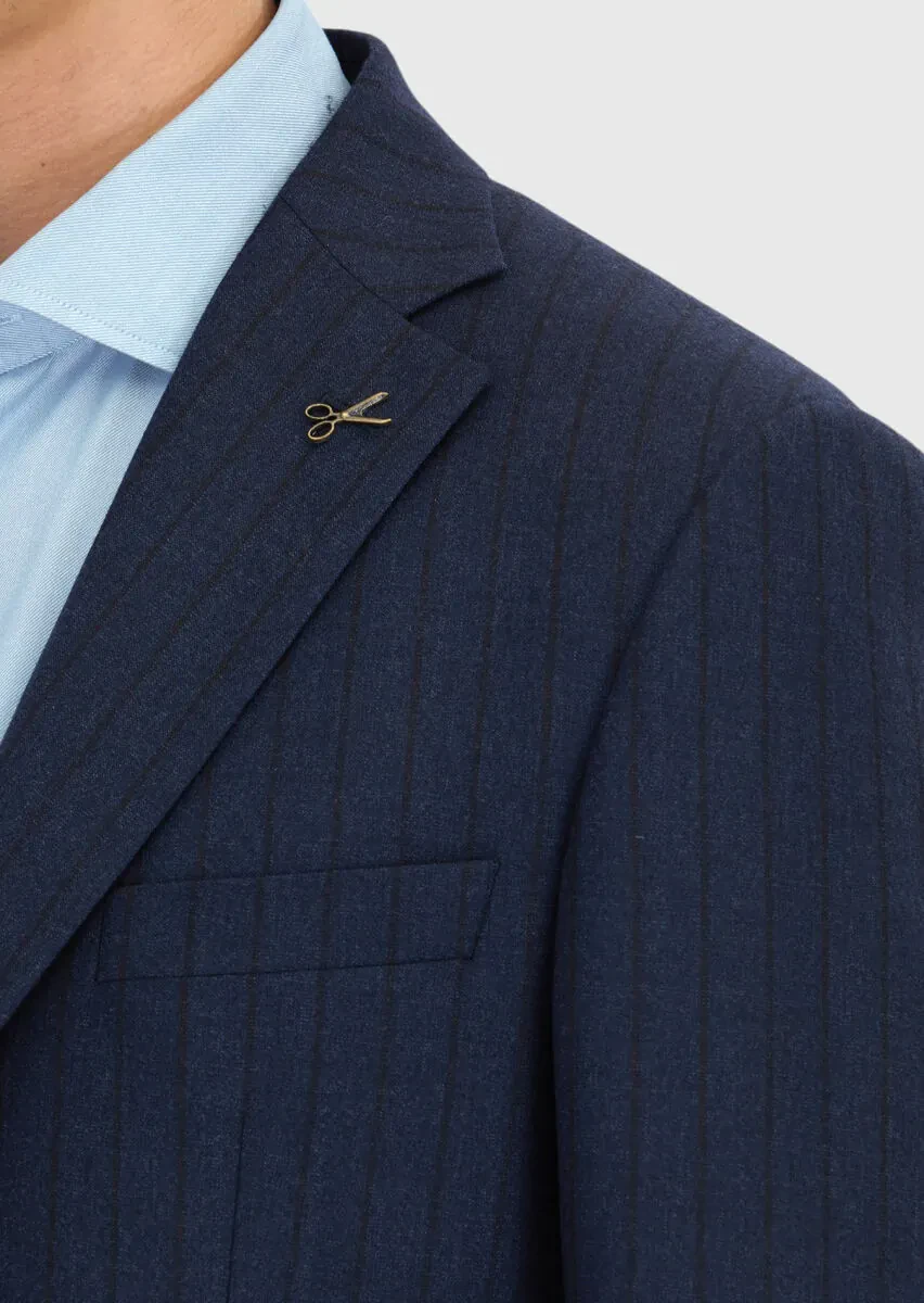Navy Blue Striped Zeroweight Slim Fit 100% Wool Suit - 5