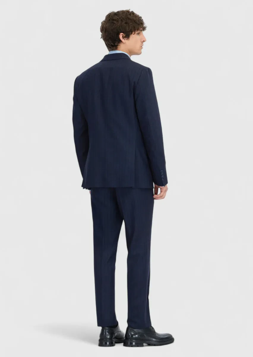 Navy Blue Striped Zeroweight Slim Fit 100% Wool Suit - 7