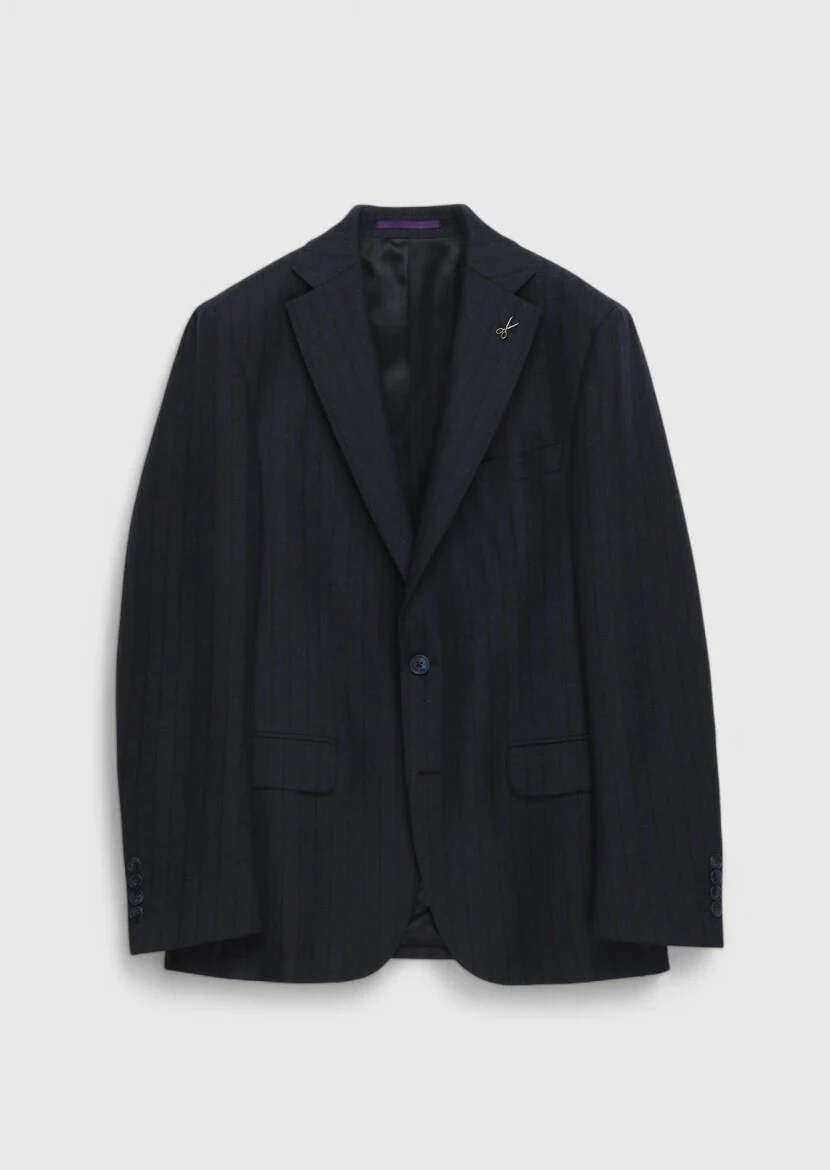 Navy Blue Striped Zeroweight Slim Fit 100% Wool Suit - 8