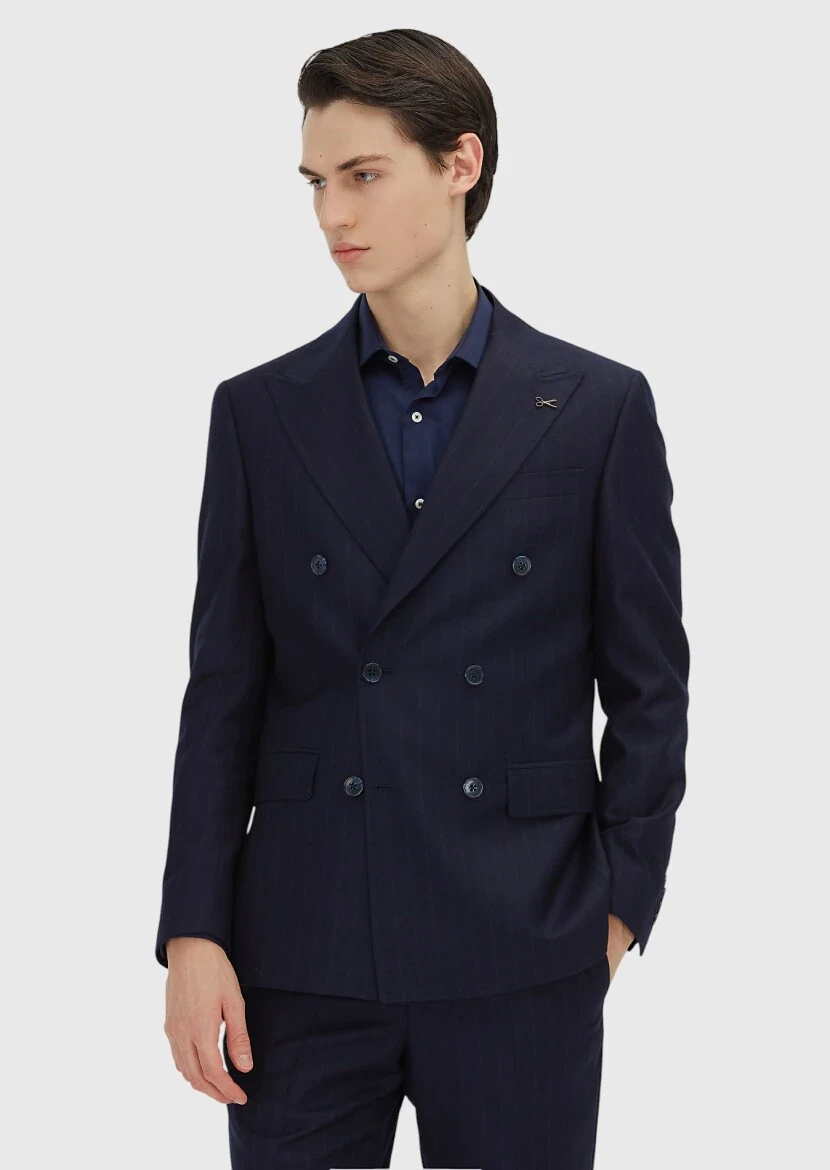 Navy Blue Striped Zeroweight Slim Fit 100% Wool Suit - RAMSEY