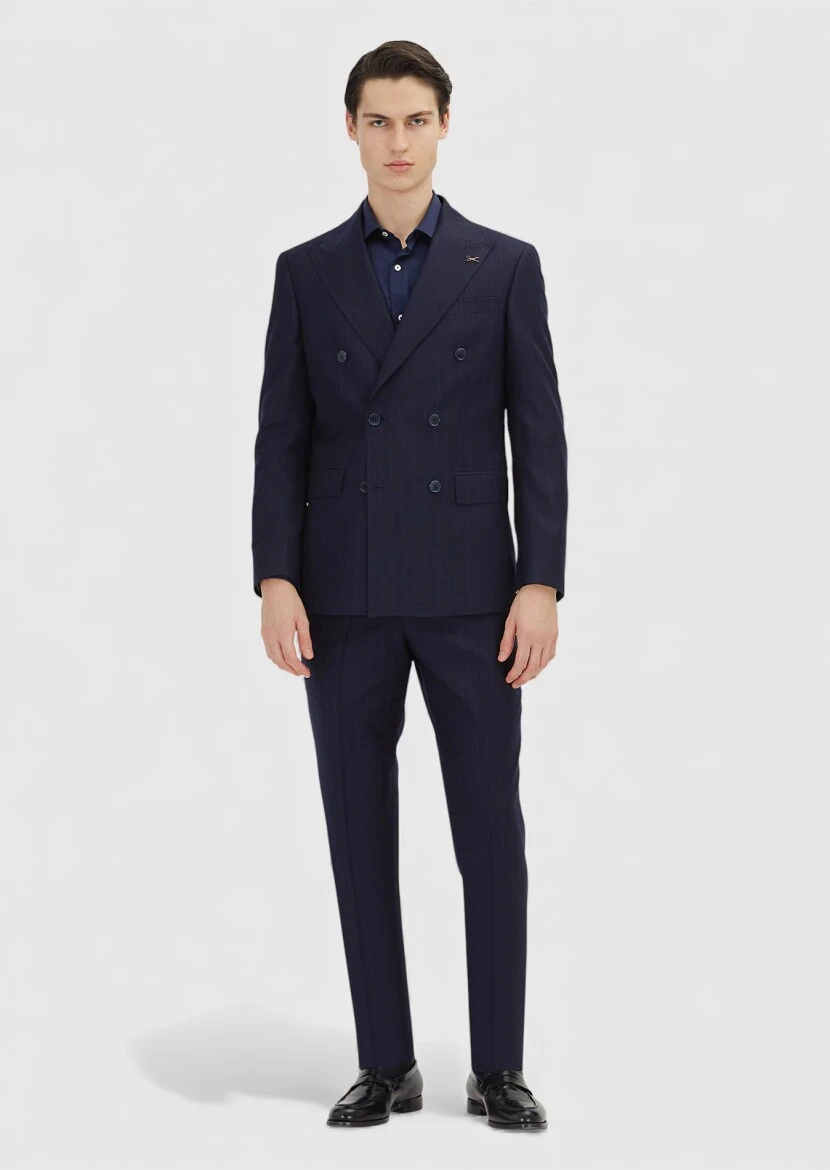 Navy Blue Striped Zeroweight Slim Fit 100% Wool Suit - RAMSEY