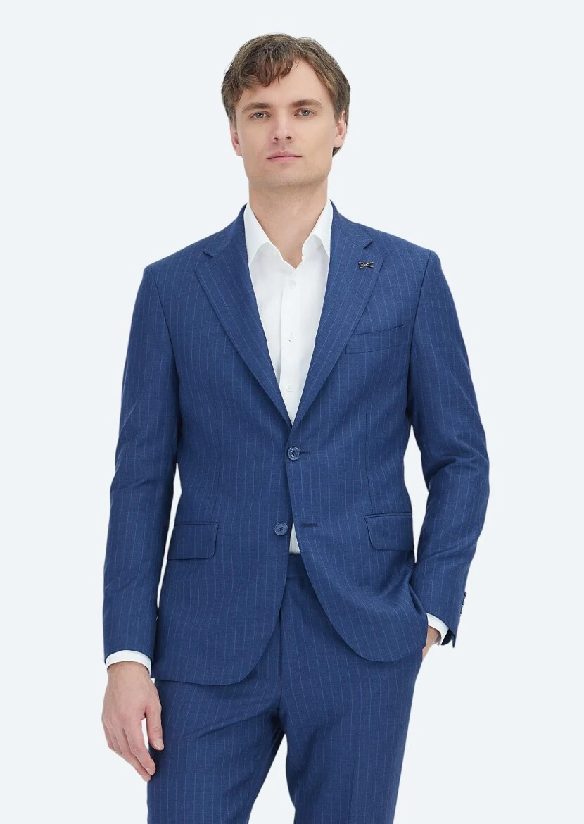 Navy Blue Striped Zeroweight Slim Fit 100% Wool Suit - RAMSEY