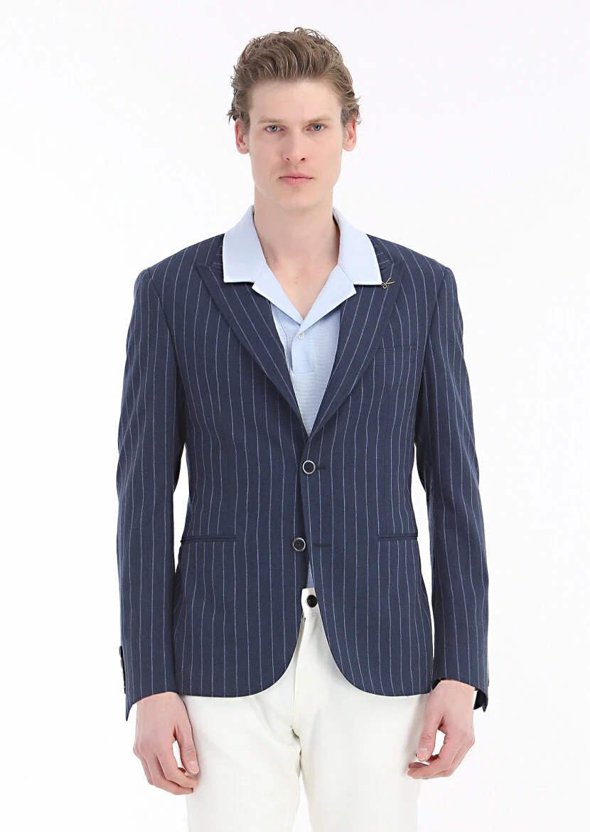 Navy Blue Striped Zeroweight Slim Fit Cotton Blended Jacket - RAMSEY