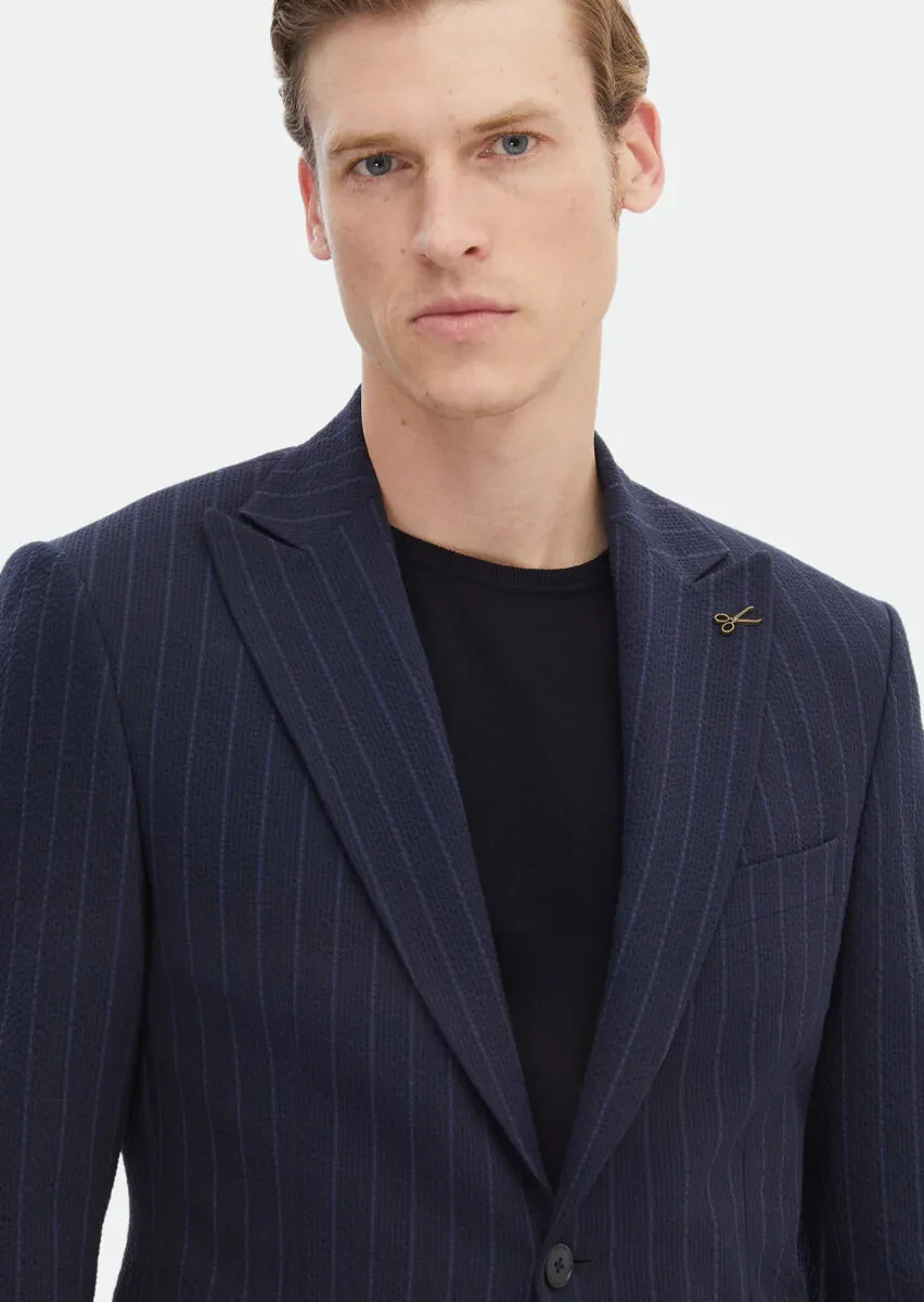 Navy Blue Striped Zeroweight Slim Fit Cotton Blended Suit - 5