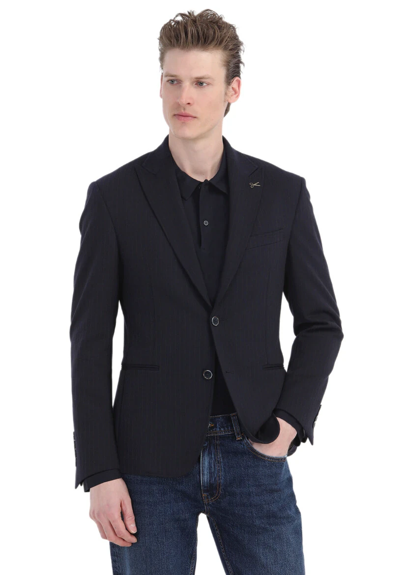 Navy Blue Striped Zeroweight Slim Fit Jacket - RAMSEY