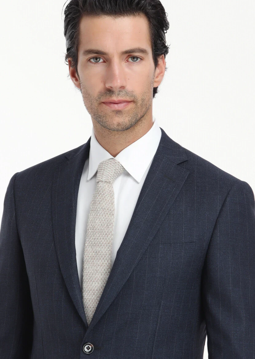 Navy Blue Striped Zeroweight Slim Fit Silk Blended Suit - 2