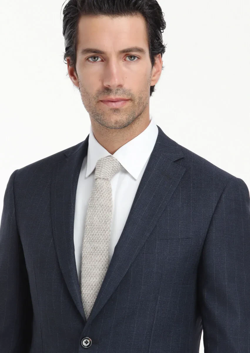 Navy Blue Striped Zeroweight Slim Fit Silk Blended Suit - 2