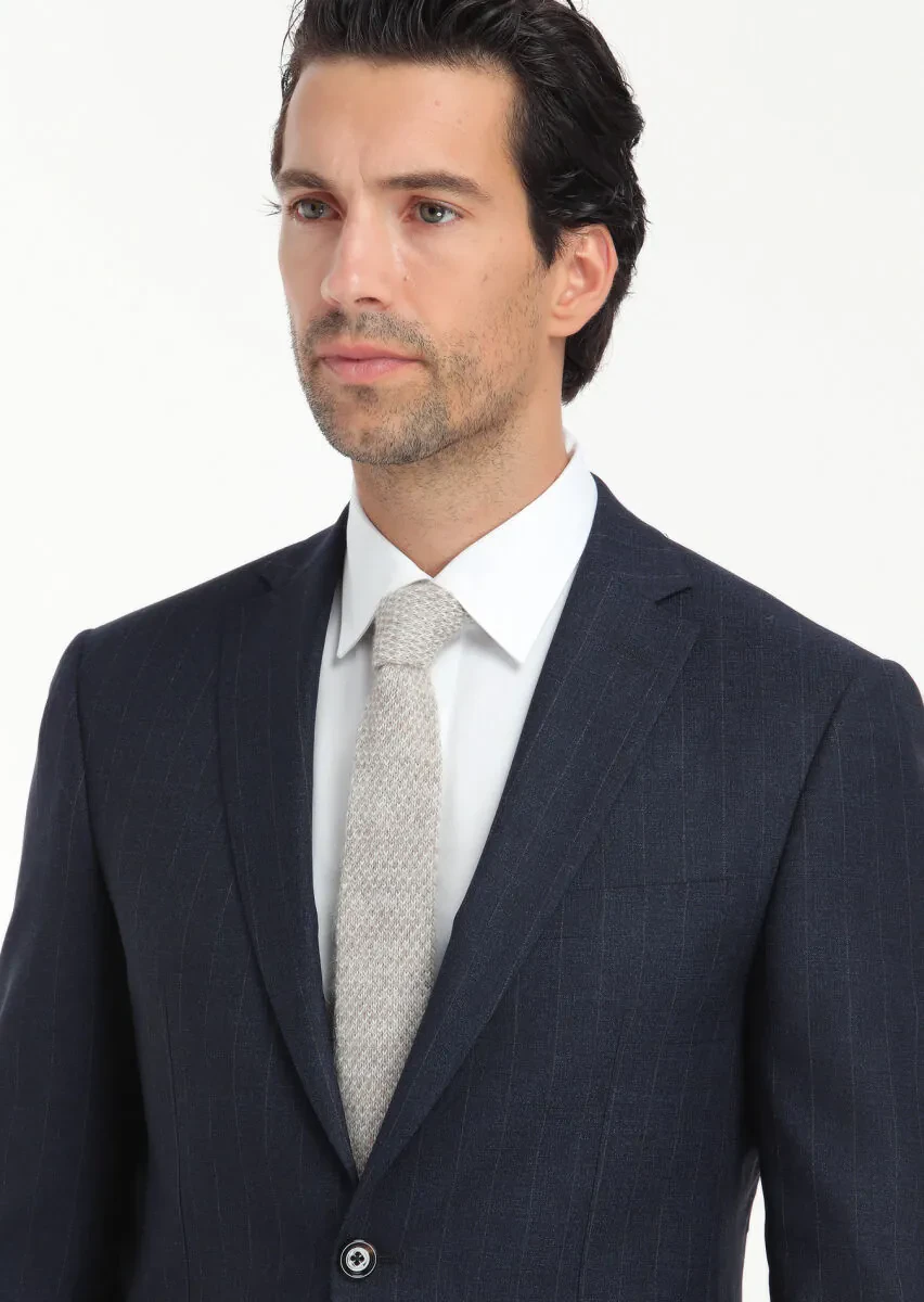 Navy Blue Striped Zeroweight Slim Fit Silk Blended Suit - 5