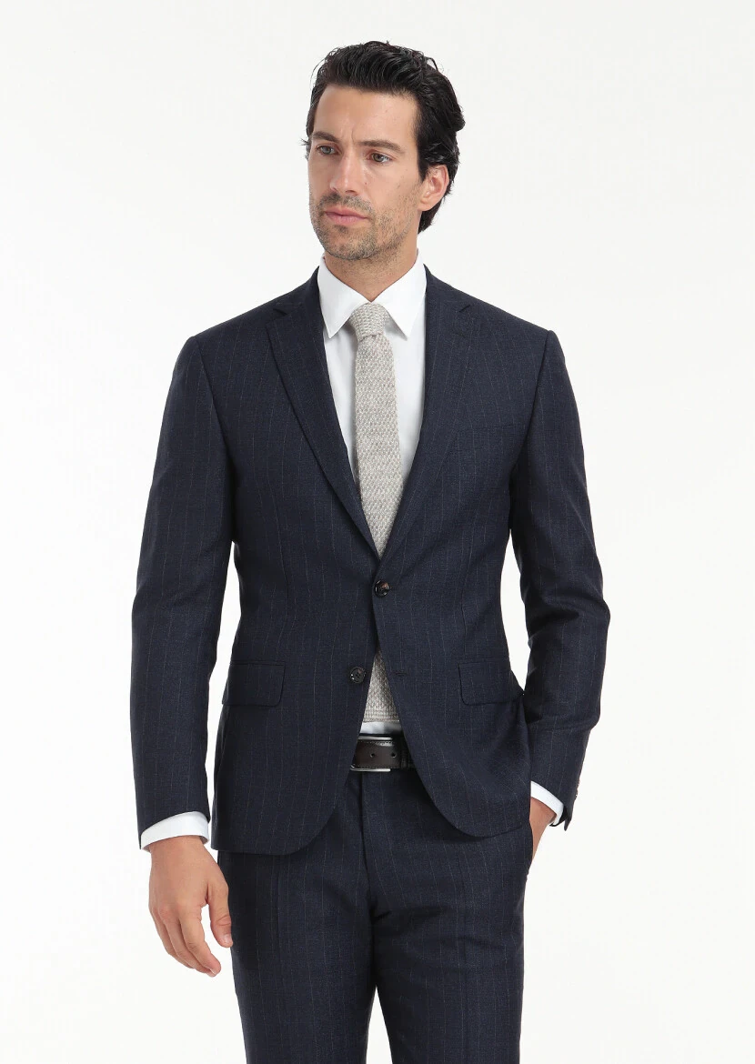 Navy Blue Striped Zeroweight Slim Fit Silk Blended Suit - 6