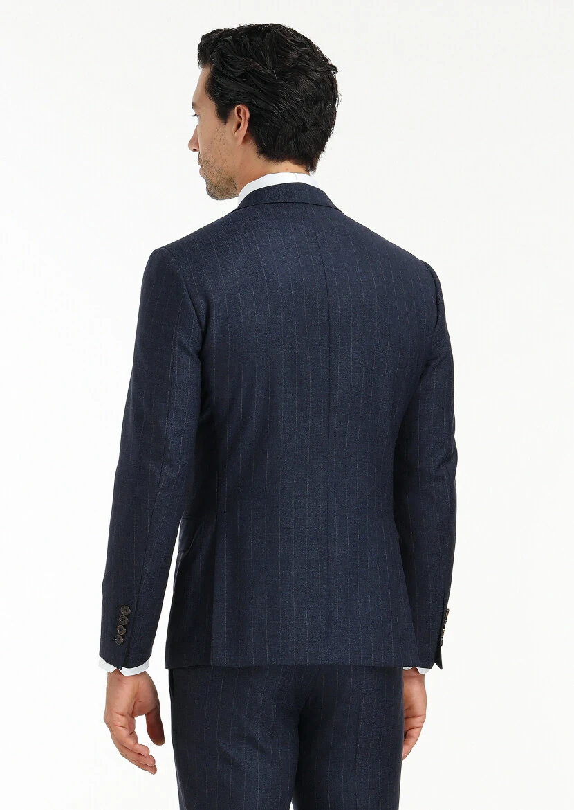 Navy Blue Striped Zeroweight Slim Fit Silk Blended Suit - 7