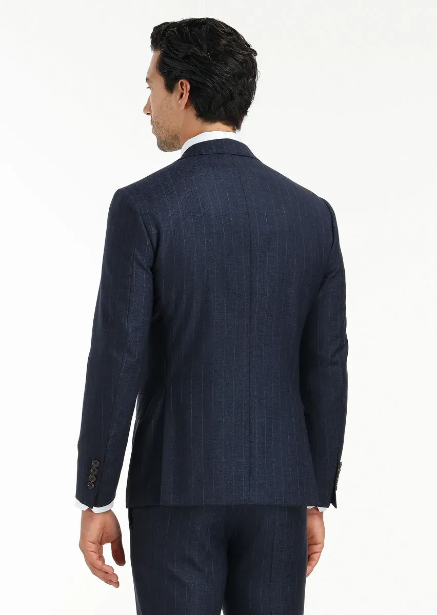 Navy Blue Striped Zeroweight Slim Fit Silk Blended Suit - 7