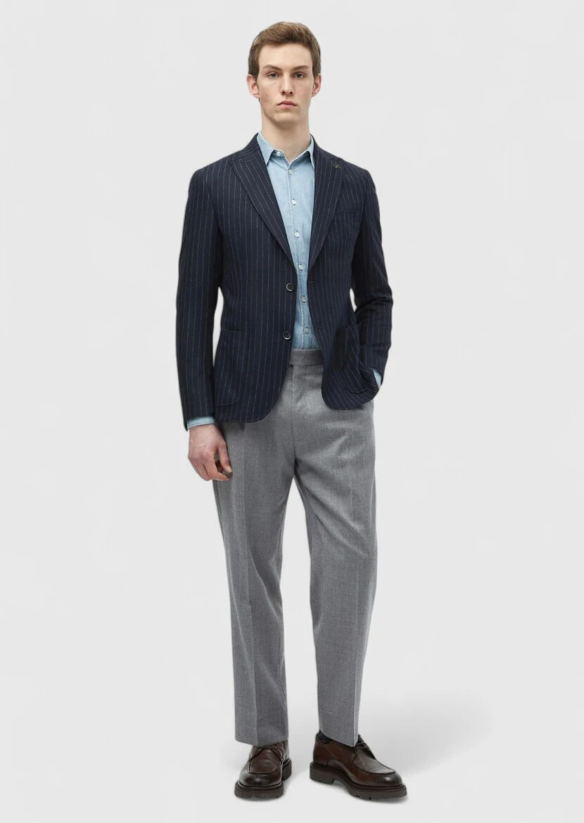 Navy Blue Striped Zeroweight Slim Fit Wool Blended Jacket - RAMSEY