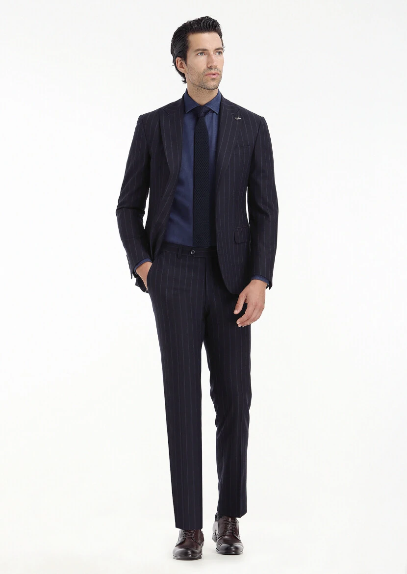 Navy Blue Striped Zeroweight Slim Fit Wool Blended Suit - 1