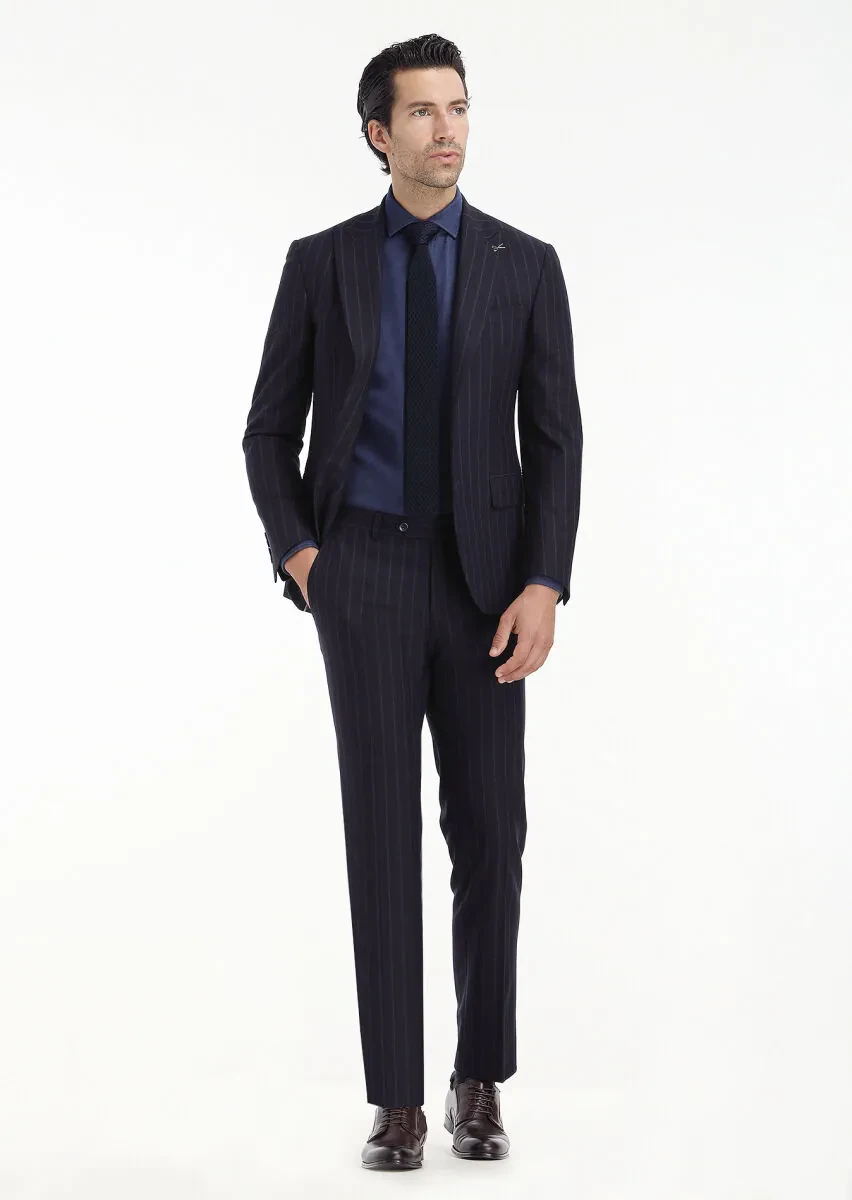 Navy Blue Striped Zeroweight Slim Fit Wool Blended Suit - 1