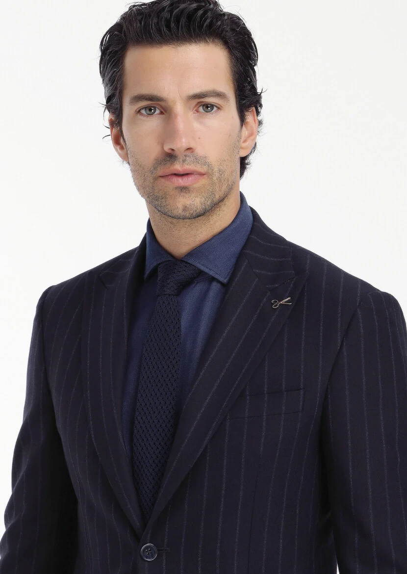 Navy Blue Striped Zeroweight Slim Fit Wool Blended Suit - 2