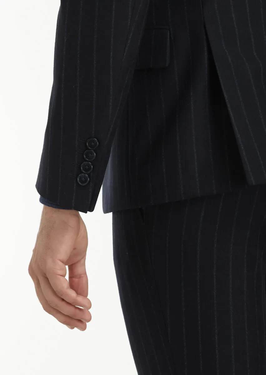 Navy Blue Striped Zeroweight Slim Fit Wool Blended Suit - 4