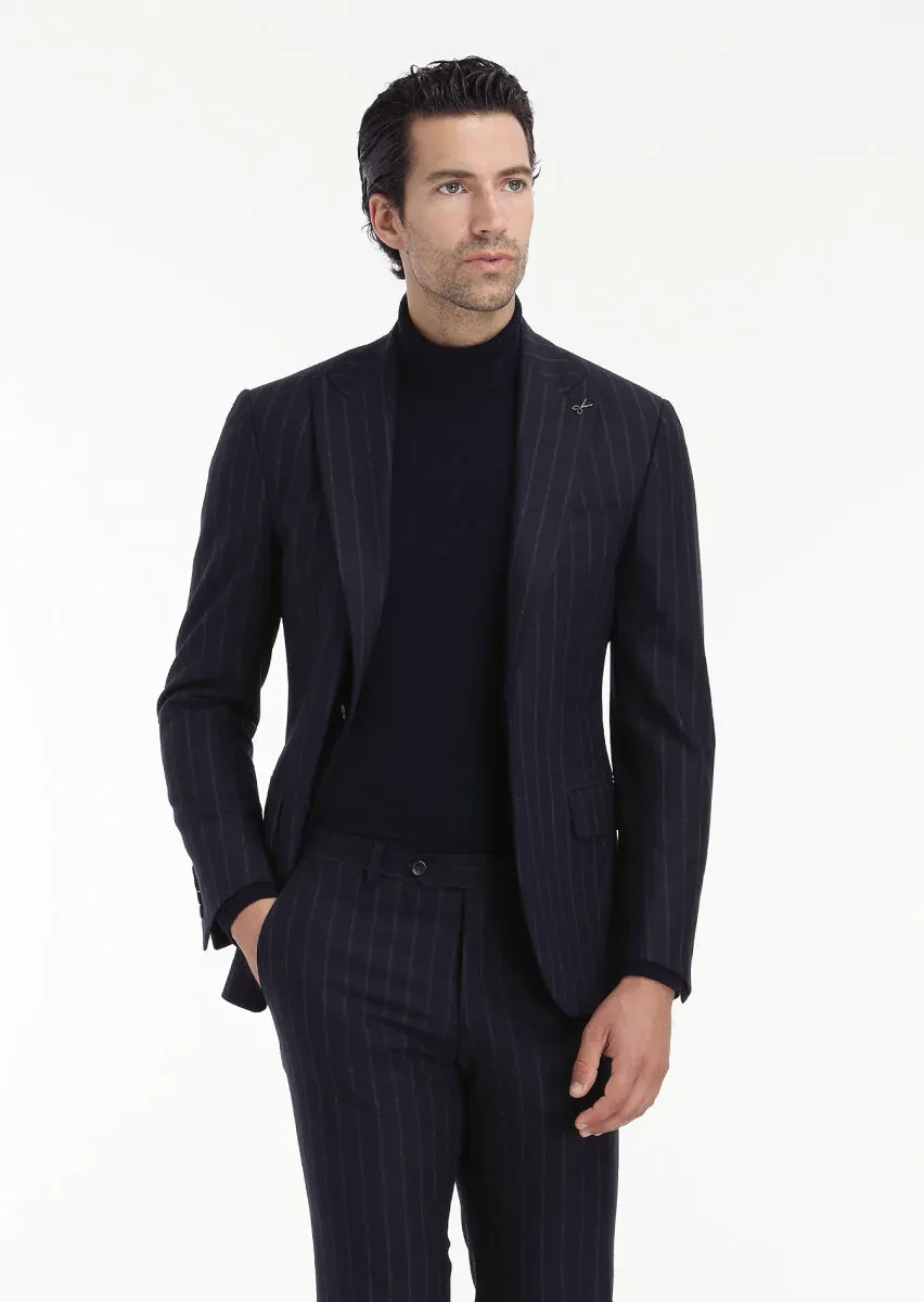 Navy Blue Striped Zeroweight Slim Fit Wool Blended Suit - 6