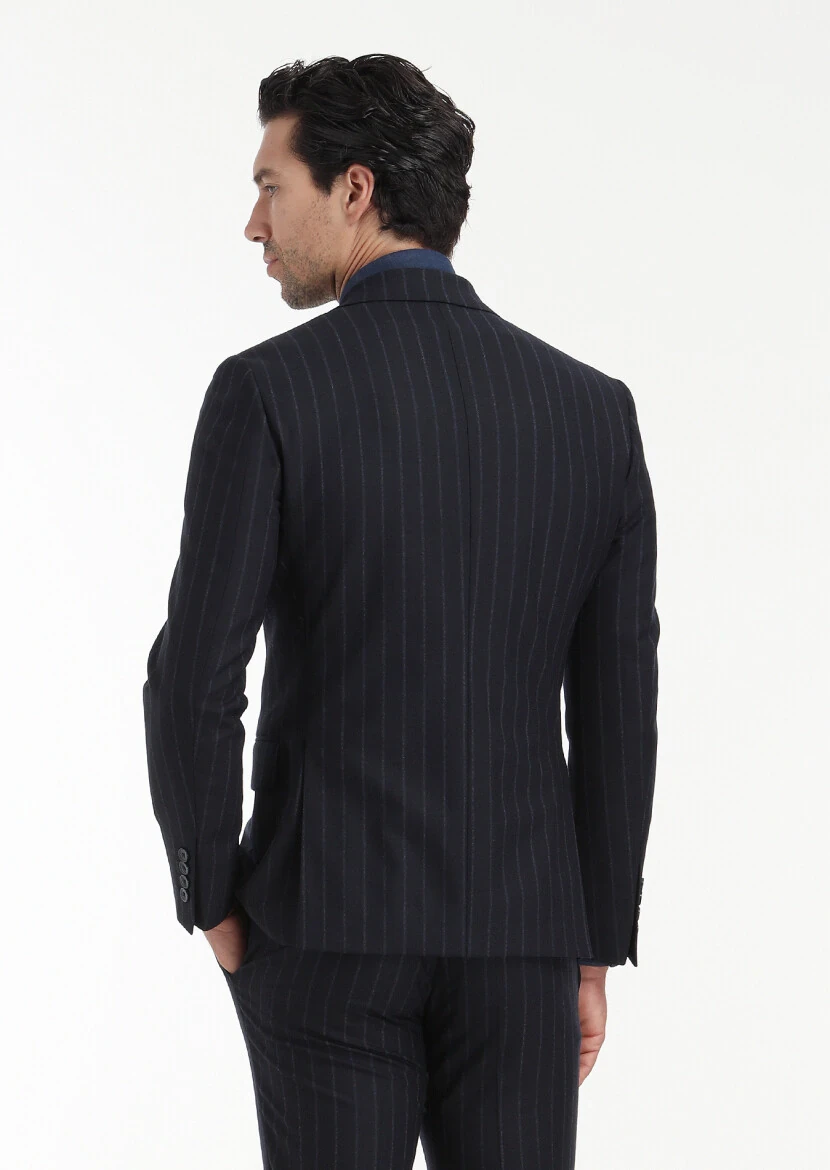 Navy Blue Striped Zeroweight Slim Fit Wool Blended Suit - 8