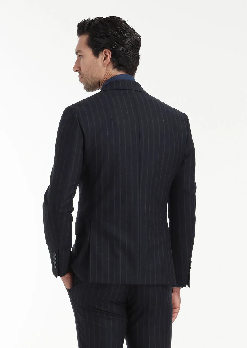 Navy Blue Striped Zeroweight Slim Fit Wool Blended Suit - 8