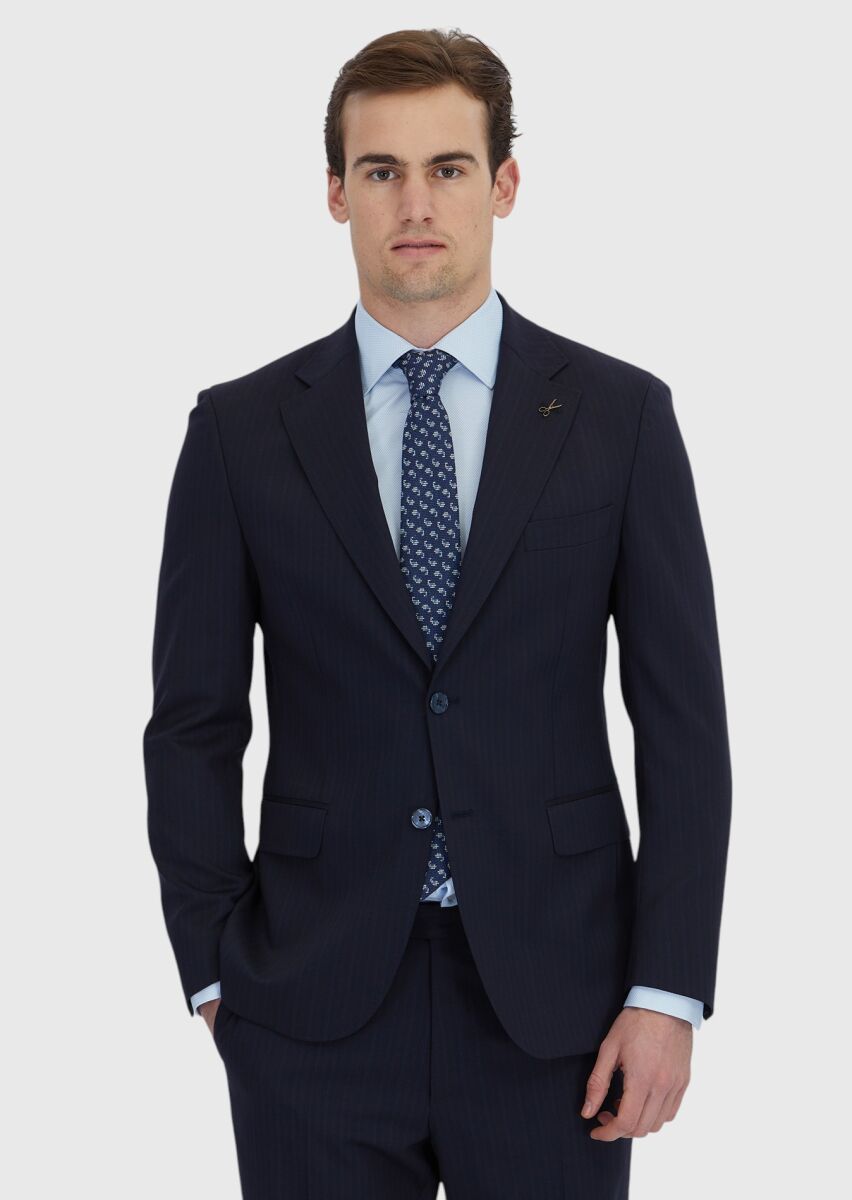 Navy Blue Striped Zeroweight Slim Fit Wool Blended Suit - 1